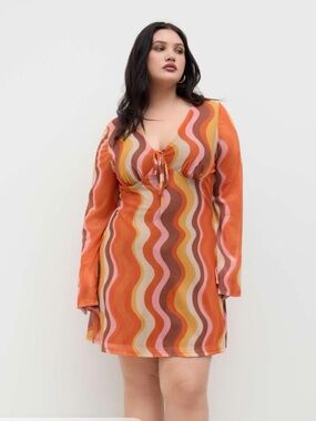 Cider Curve Mesh V-neck Abstract Wave Knotted Mini Dress- 70s